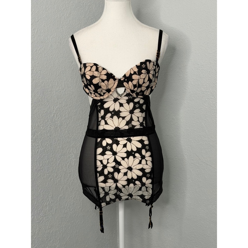Victoria's Secret 36C Floral‎ Lace Bustier Corset Garter Lingerie Black Nude